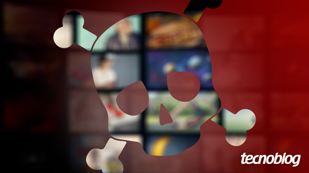 Ilustração com um símbolo de caveira vazado, revelando TVs sintonizadas em canais variados