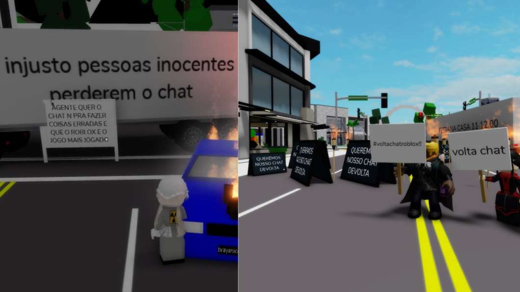 Duas capturas de tela do jogo Roblox mostram um protesto virtual de jogadores brasileiros. Na imagem à esquerda, uma personagem observa um caminhão com a frase: "injusto pessoas inocentes perderem o chat". À direita, vários avatares seguram cartazes no meio de uma rua com dizeres como "#voltachatroblox!!", "volta chat" e "QUEREMOS NOSSO CHAT DE VOLTA". O cenário urbano inclui prédios e veículos, simulando uma manifestação por mudanças nas regras de comunicação do jogo.