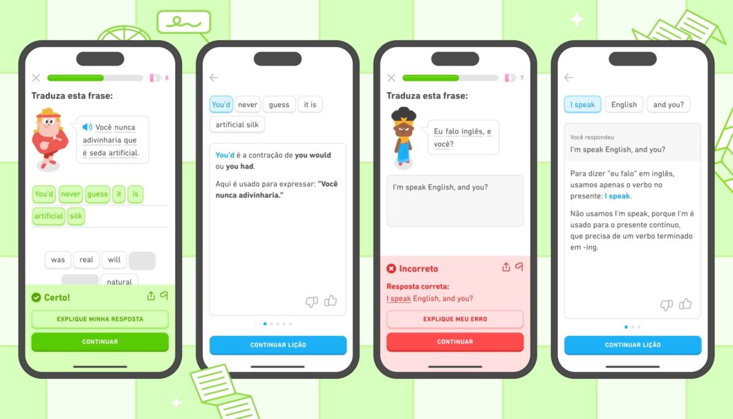 Imagem mostra capturas de tela do app do Duolingo, com o recurso Explique minha resposta em ação 