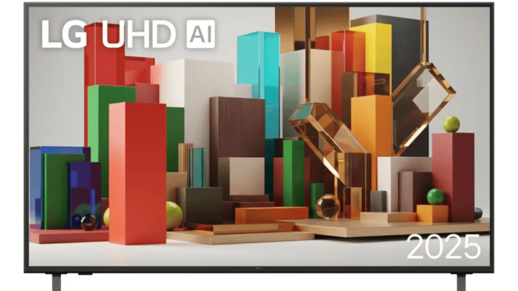 Smart TV LG UHD AU801C0SA posicionada frontalmente com tela mostrando blocos coloridos 