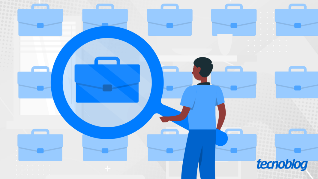 Ilustração de uma pessoa olhando várias maletas profissionais. Uma delas está em destaque, ampliada por uma lupa