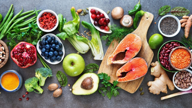 Flatlay of various fresh healthy foods