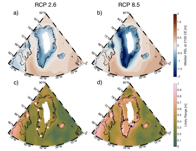 diagrams showing sea level decrease in greenland under low- and high-emissions scenarios by the year 2100.
