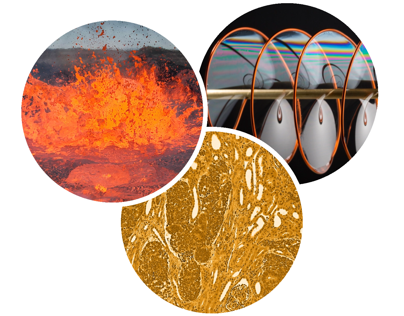 A photo of lava, a microscopic image of colon cancer, and a photo of a soap film.