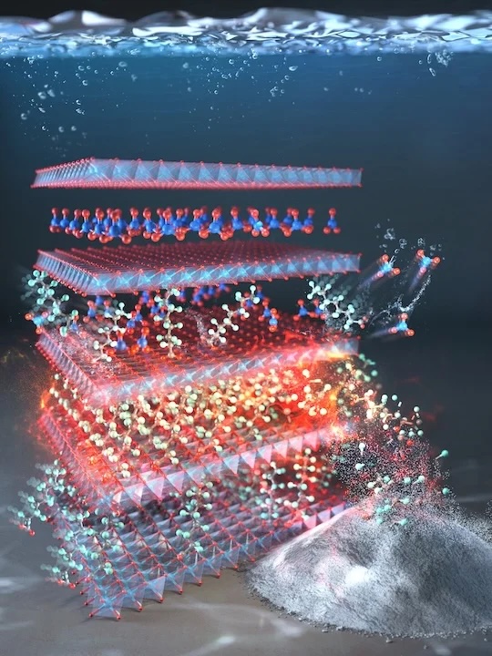 a computer-generated illustration of the filter material's layers adsorbing PFAS in water. 