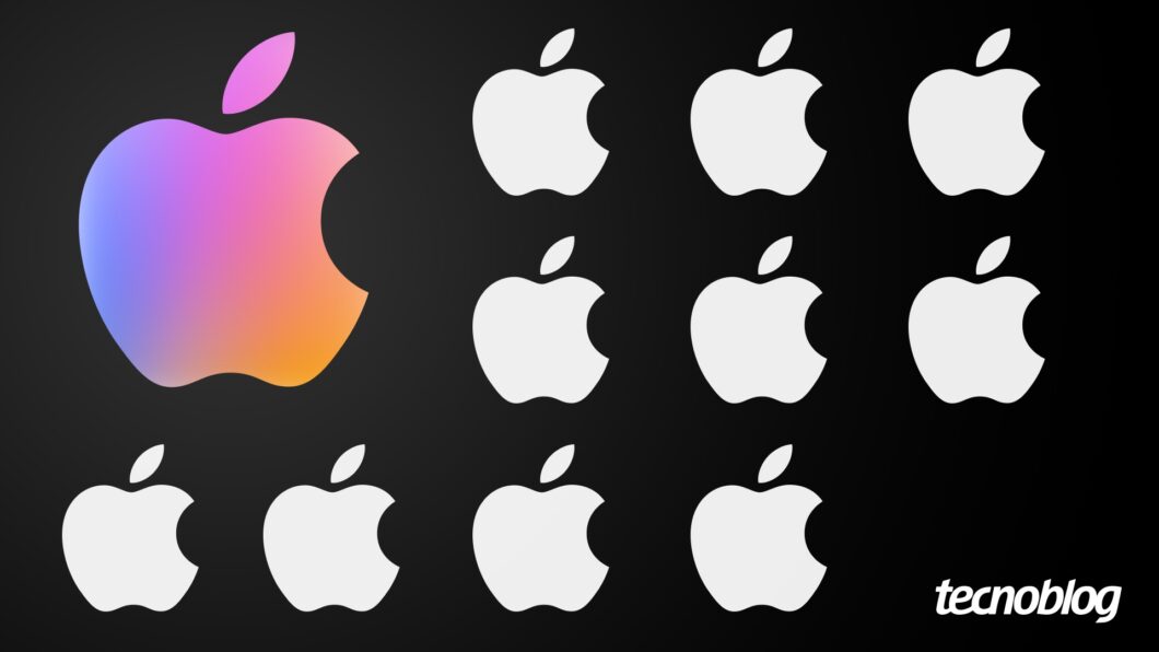 Ilustração com o logotipo da Apple. À esquerda, uma maçã mordida em cores roxo, rosa e levemente alaranjado. Depois, à direita, uma sequência de maçãs mordidas de cor branca.