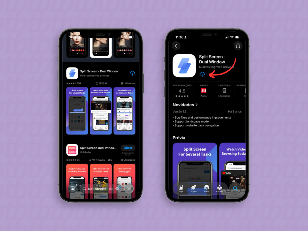 Baixando o app Split Screen no iPhone