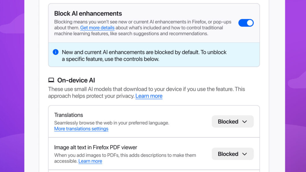 Captura de tela das configurações de privacidade do navegador Firefox. No topo, há um card com o título "Block AI enhancements" e um interruptor azul ativado à direita. Abaixo, um aviso informa: "New and current AI enhancements are blocked by default". Na seção "On-device AI", há duas opções listadas como "Blocked": "Translations", para navegação em diferentes idiomas, e "Image alt text in Firefox PDF viewer", que adiciona descrições a imagens em arquivos PDF para acessibilidade.
