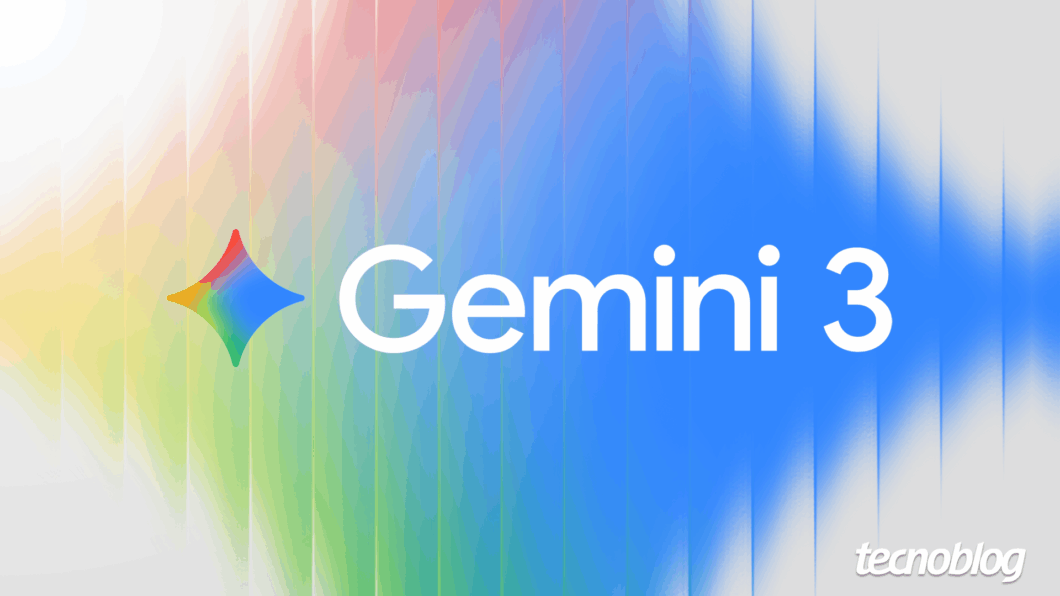 Imagem de fundo abstrato em cores vibrantes, com predominância de tons de azul, verde, vermelho e amarelo, dispostos em faixas verticais e em gradientes suaves. No centro, o texto branco em destaque é "Gemini 3", precedido pelo logotipo do Gemini, que é um losango multicolorido em forma de estrela. No canto inferior direito, o texto secundário diz "tecnoblog".