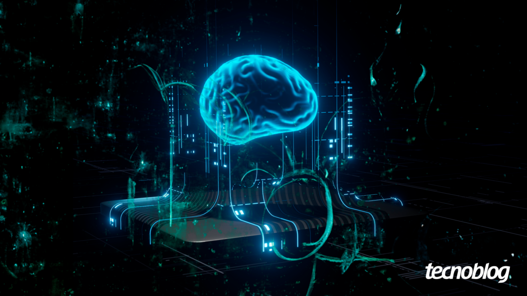 Ilustração sobre inteligência artificial mostra um cérebro transparente sobre uma placa metálica, que se assemelha a um processador. Na parte inferior direita, o logotipo do "tecnoblog" é visível.