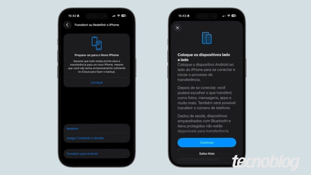 Captura de tela do processo de transferência de dados do iOS para o Android em um iPhone