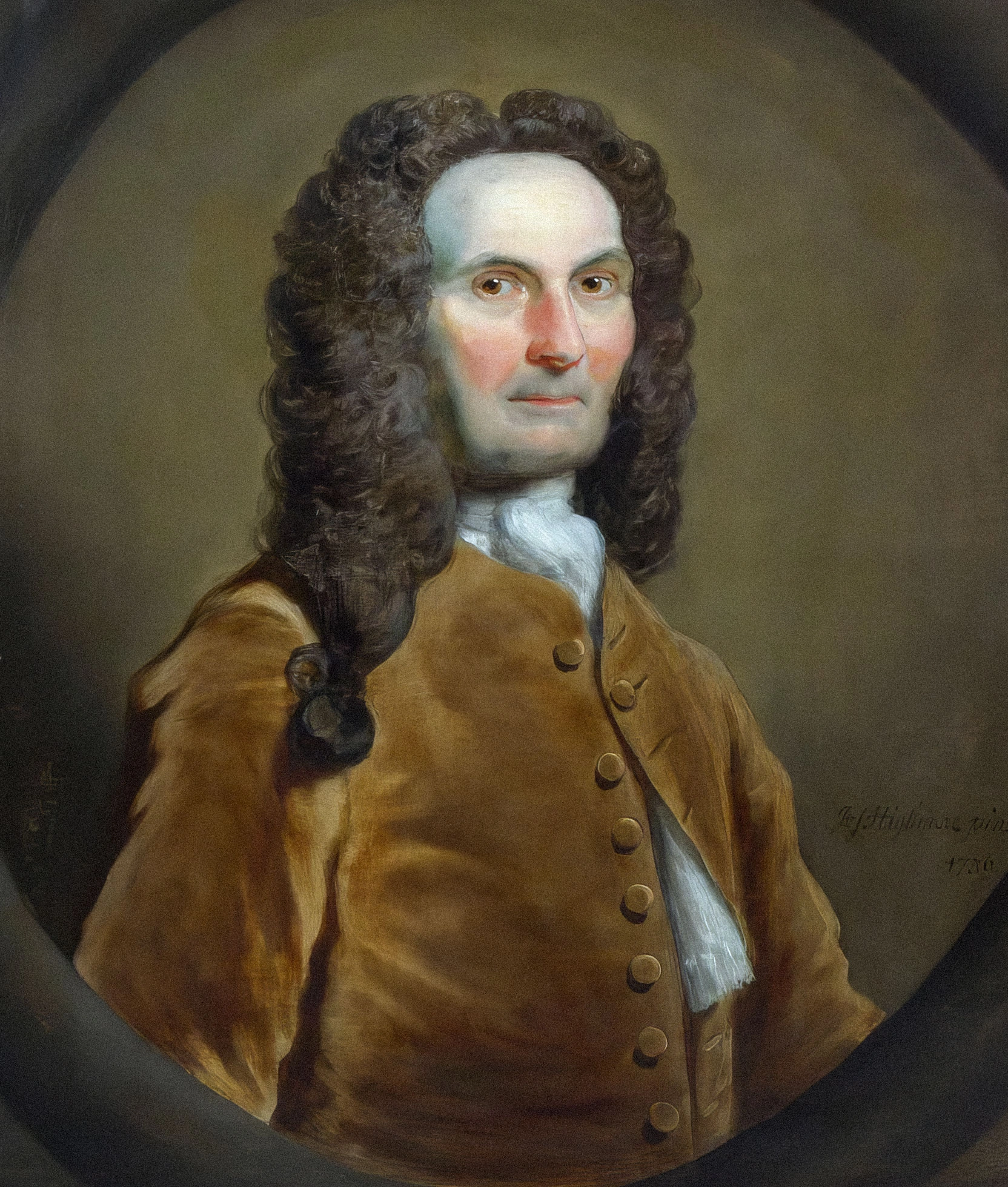 A historical portrait of a man in a brown jacket.