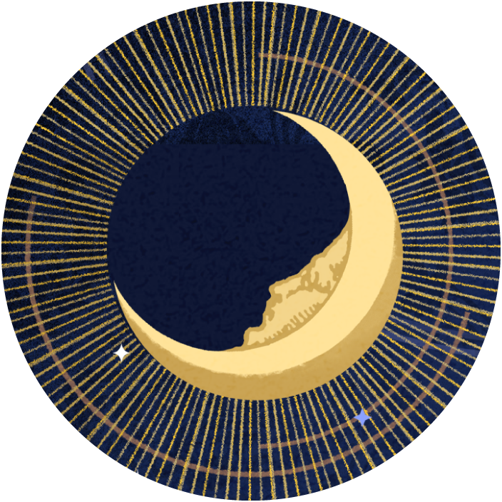 A circular illustration of the moon