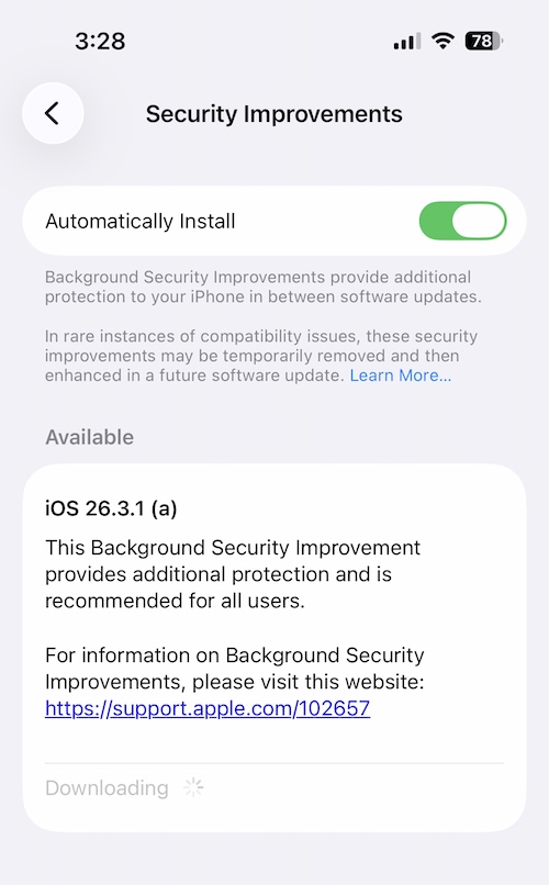 a screenshot showing the software update screen for background security improvements on an iPhone, which shows the new software update appearing as iOS 26.3.1 (a). Apple says this "Background Security Improvement provides additional protection and is recommended for all users."