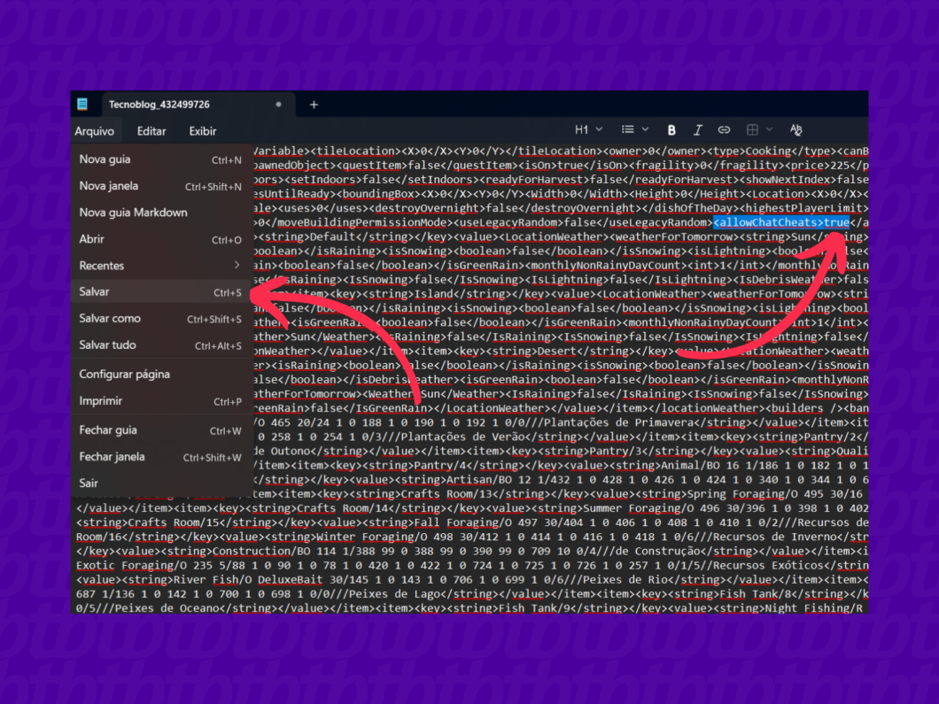 Alterando a linha de código em Stardew Valley para ativar os códigos no jogo (Imagem: Victor Toledo/Tecnoblog)