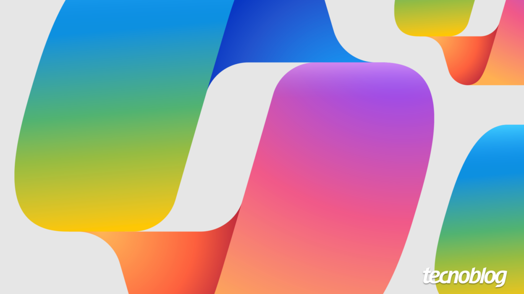 Ilustração mostra a marca estilizada do Microsoft Copilot. Na parte inferior direita, o logotipo do "tecnoblog" é visível