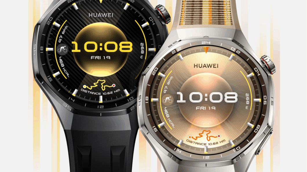 Imagem mostra dois relógios Huawei Watch GT 6 Pro nas cores preto e marrom indicando a hora de 10:08