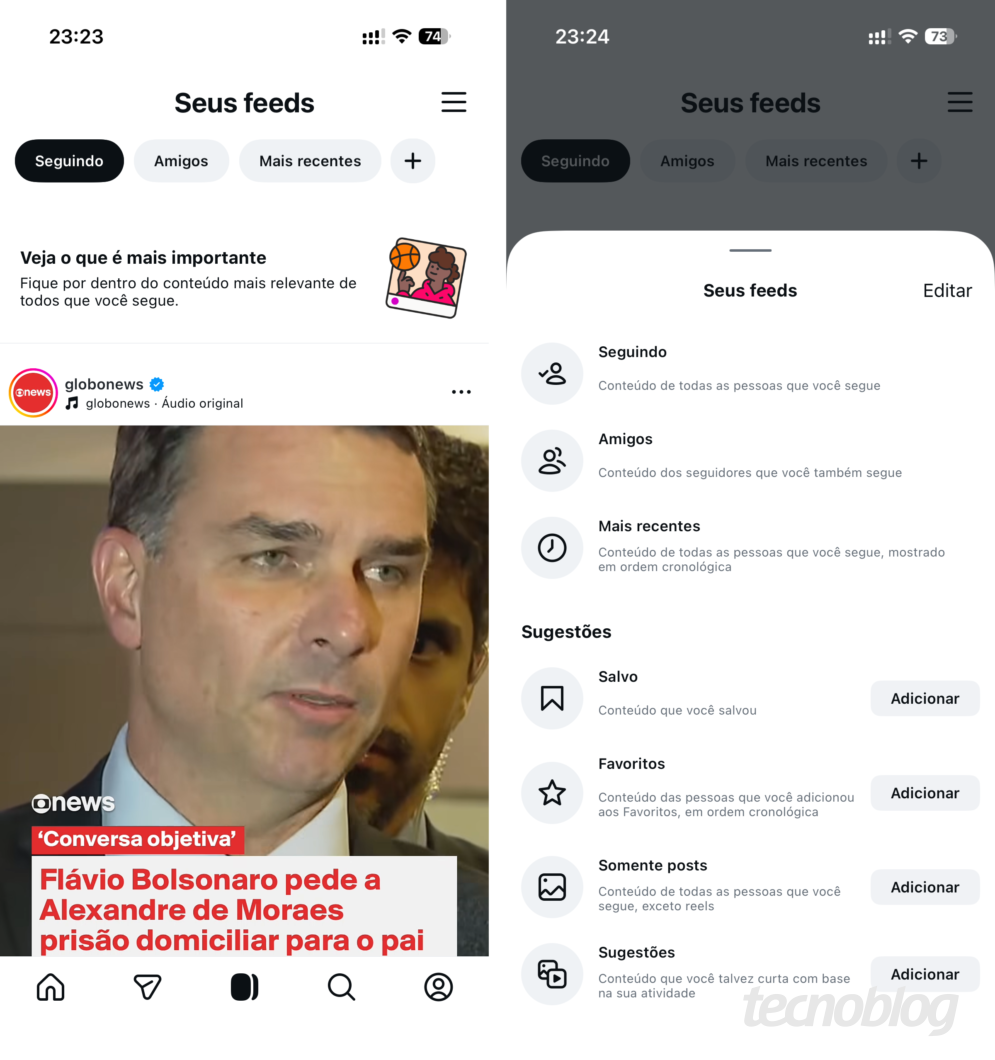 Duas capturas de tela verticais da interface do Instagram. A imagem à esquerda mostra o topo de uma página com um menu horizontal de filtros em formato de botões ovais ("Seguindo", "Amigos", etc.) e um ícone de "+". Abaixo, uma postagem de feed padrão. A imagem à direita mostra a mesma tela, mas sobreposta por uma janela modal inferior com bordas arredondadas, listando as opções de filtros com ícones à esquerda e botões de "Adicionar" à direita.