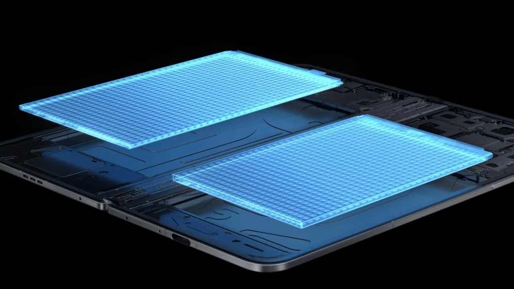 ilustração de um celular dobrável com bateria de silício-carbono