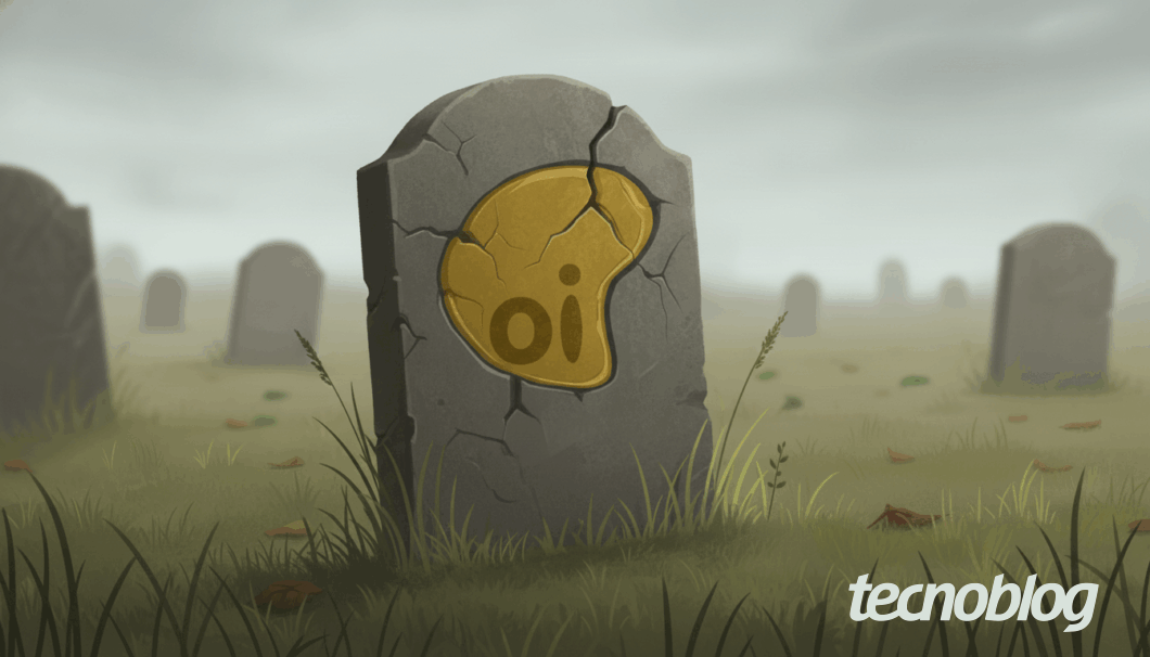 Imagem mostra a ilustração de uma lápide de pedra com o logo da operadora Oi ao centro, representando sua falência. Na parte inferior direita, o logotipo do "tecnoblog" é visível.