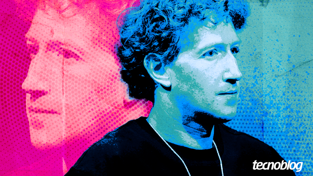 Arte com o rosto de Mark Zuckerberg à esquerda, em arte de cor rosa, e outra foto de Zuckerberg à direita, em arte de cor azul. Na parte inferior direita está a logomarca do Tecnoblog.