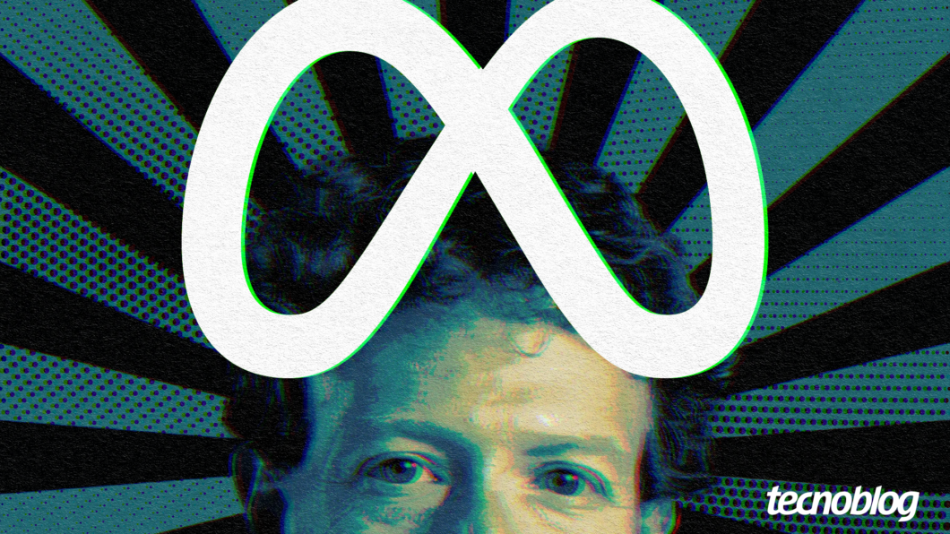 Arte com a logomarca da Meta ao centro e o rosto de Mark Zuckerberg abaixo. Na parte inferior direita está a logomarca do Tecnoblog.