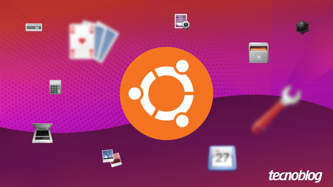 Ilustração mostra o símbolo do Ubuntu Linux, com alguns emojis em volta. Na parte inferior direita, o logotipo do "tecnoblog" é visível.