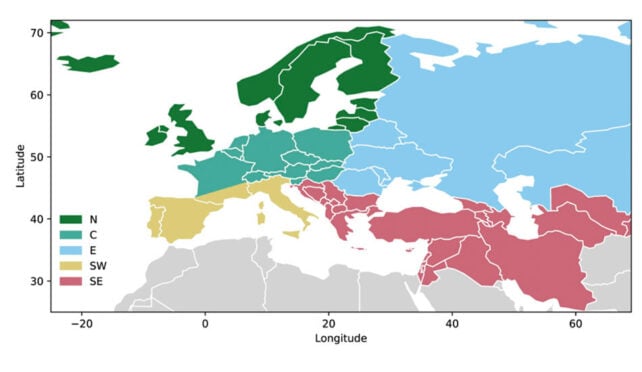 A map of Europe and western Asia, with regions marked in five colors. Countries span Iceland and Russia in the north to Spain and Iran in the south