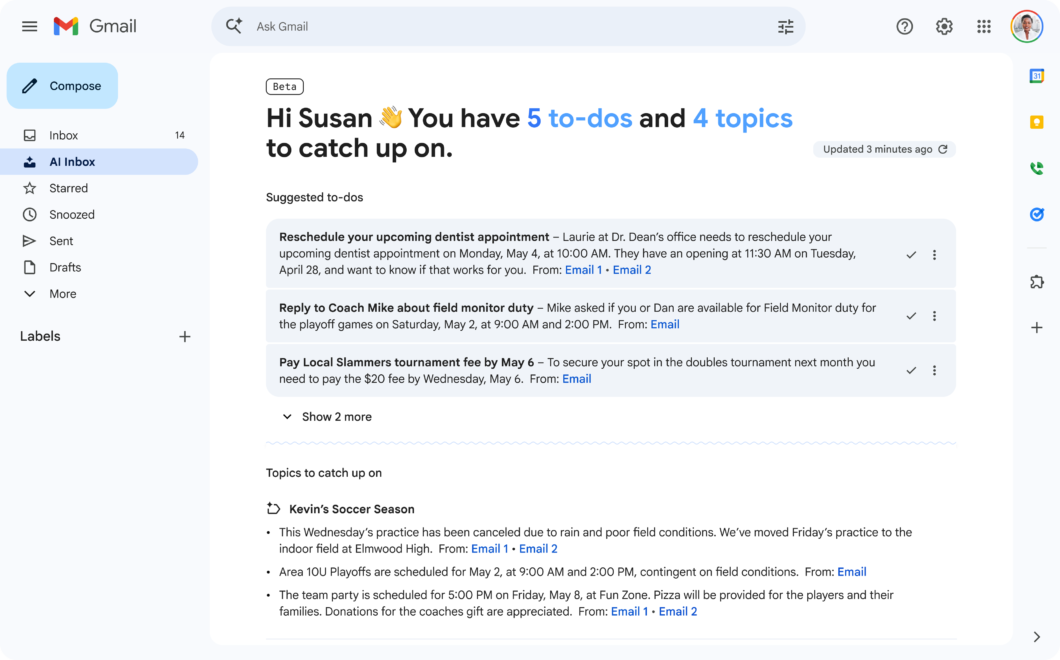 captura de tela da interface do Gmail, aberta na página AI Inbox