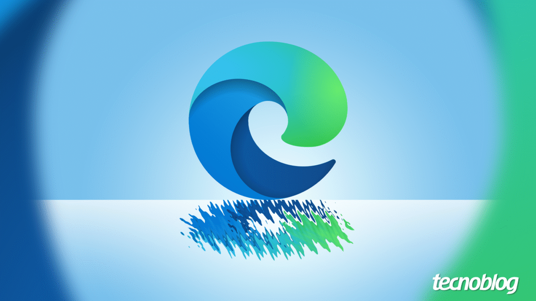 Ilustração mostra o logotipo do Microsoft Edge ao centro, nas cores azul e verde, em gradiente. Na parte inferior direita, o logo do "tecnoblog" é visível.