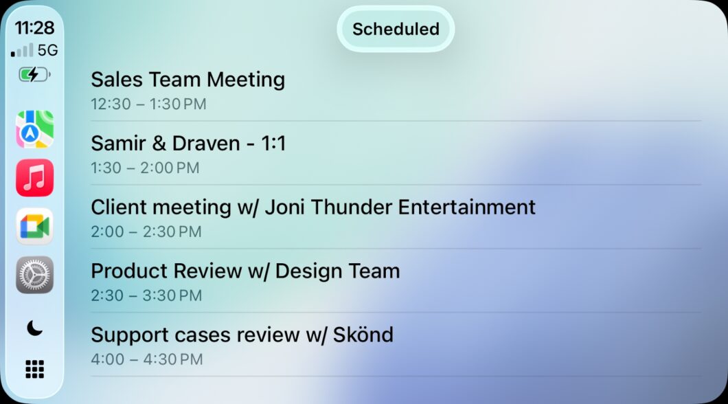 Agenda de reuniões do Meet visualizada no CarPlay