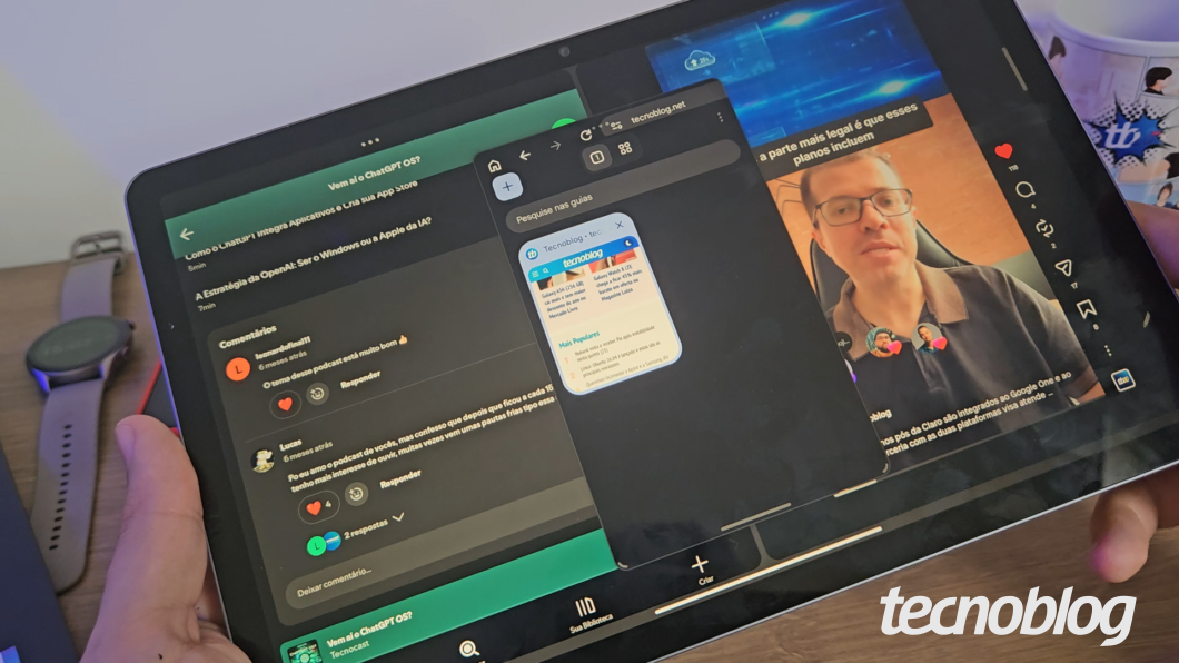 Modo multitarefa do Lenovo Idea Tab com Spotify, Instagram e Google Chrome em exibição.