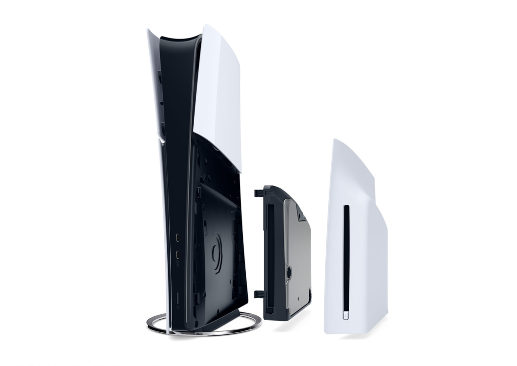 Console de videogame com a lateral aberta para mostrar encaixe de leitor de disco