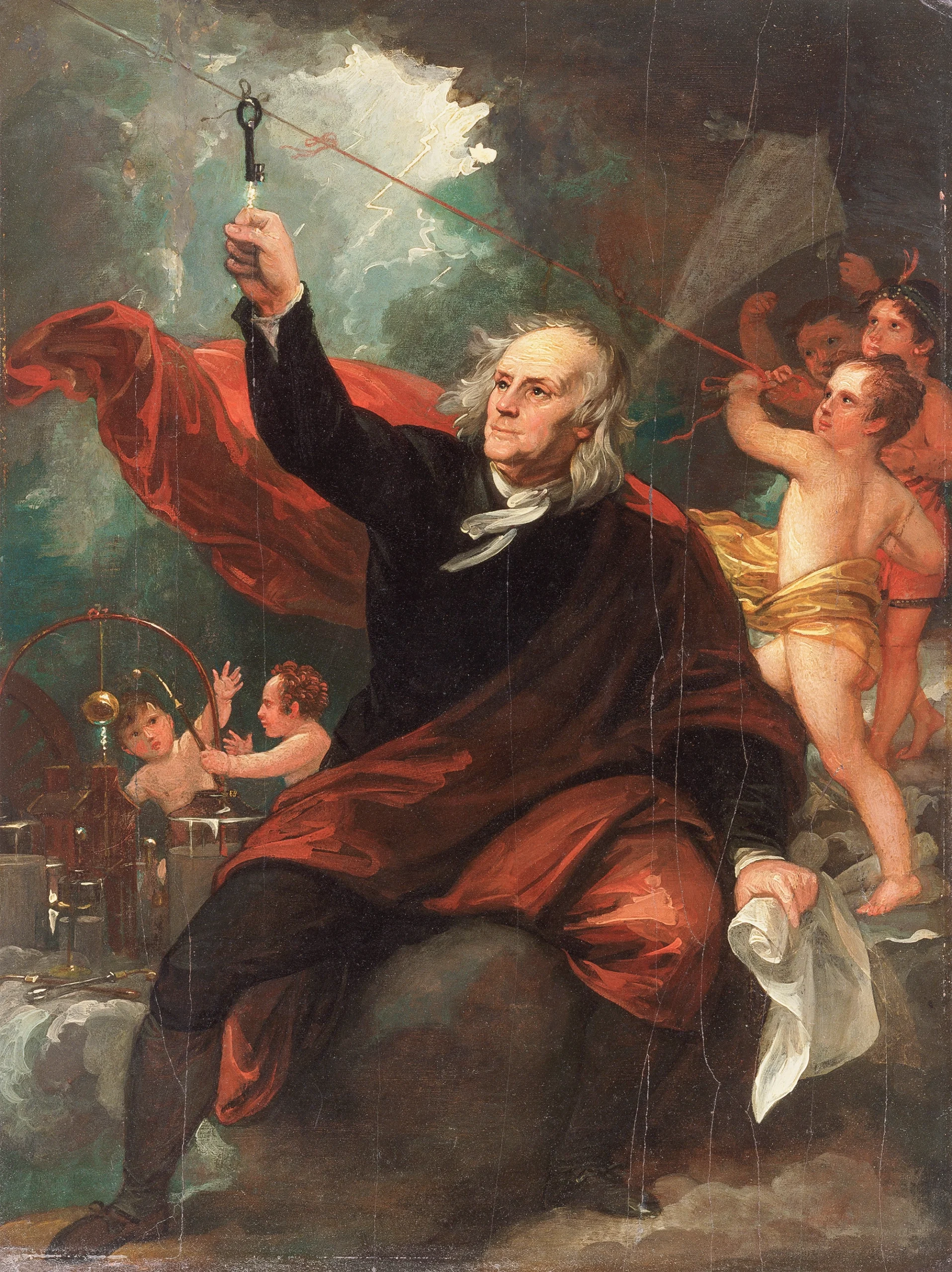 Historical oil painting depicting Benjamin Franklin raising a key toward a lightning bolt in a stormy sky, surrounded by cherubs and scientific instruments.