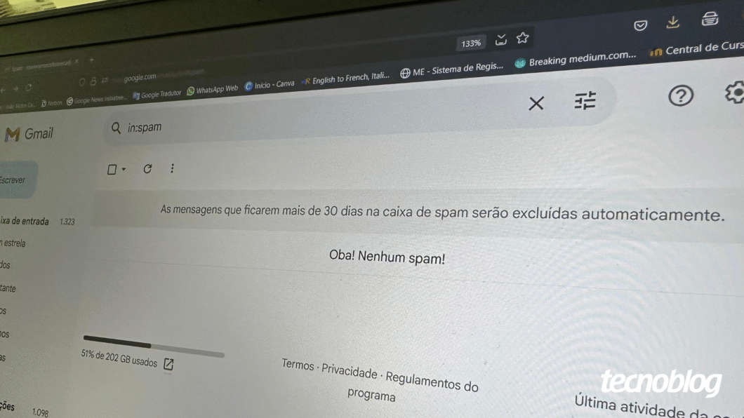 Tela do Gmail mostrando “Nenhum spam!” e mensagens excluídas da caixa de spam automaticamente