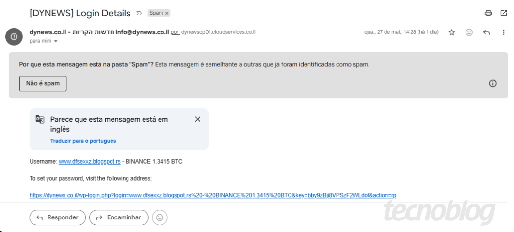 Captura de tela de um e-mail com a mensagem “Spam” e link suspeito para phishing, pedindo senha