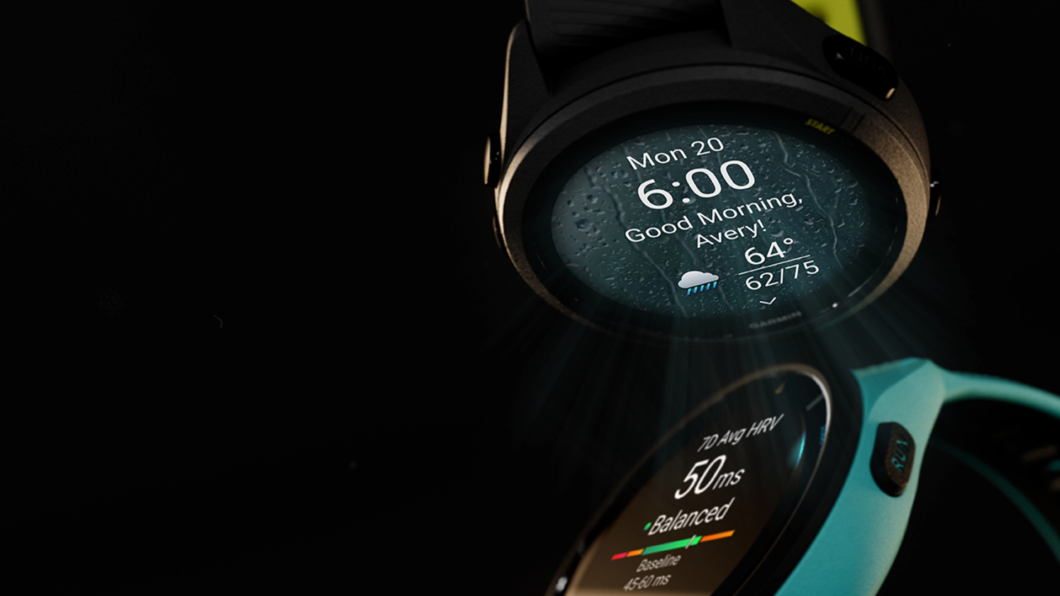 Garmin Forerunner 265 com visor aceso mostrando informações de hora e tempo