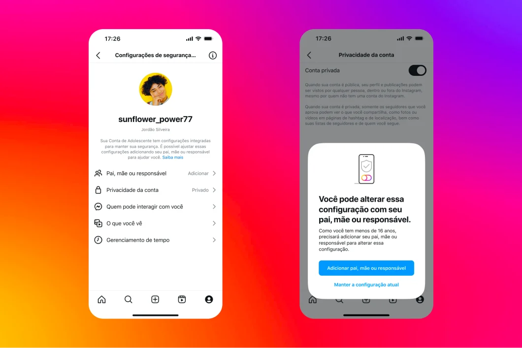 Duas telas do Instagram. A primeira mostra as configurações de segurança de uma conta de adolescente. Na segunda, há uma viso de que só é possível alterá-las com a aprovação da mãe, pai ou responsável