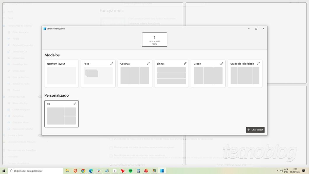 Editor de layout do FancyZones