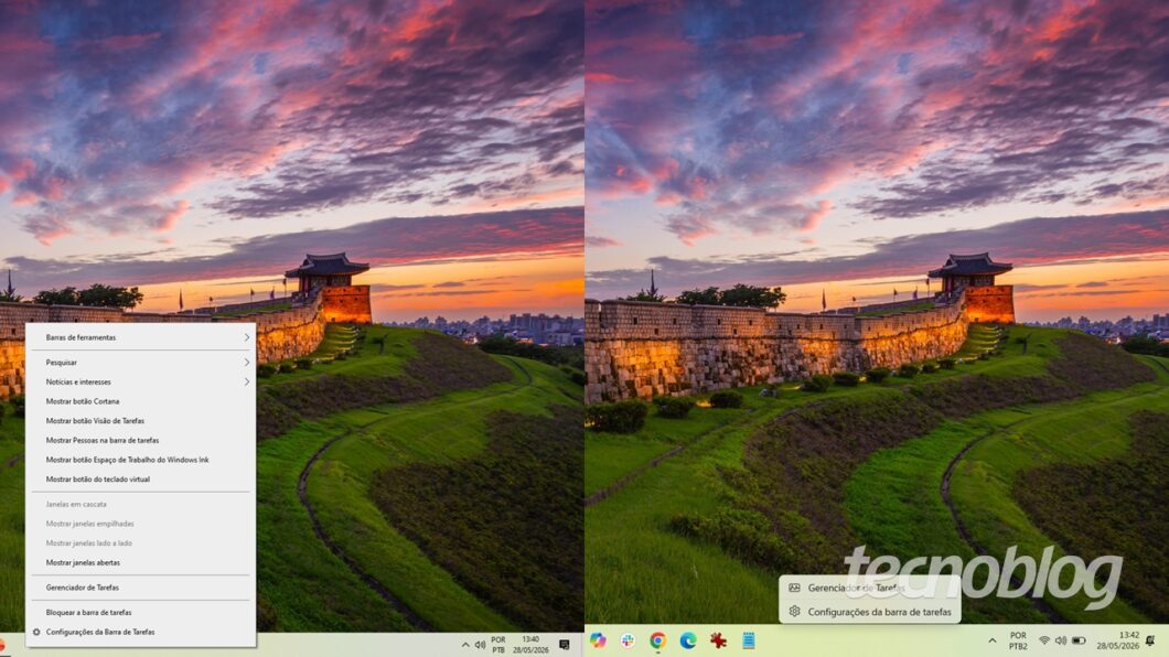A Barra de Tarefas do Windows 10, à esquerda, é mais prática que no Windows 11, à direita