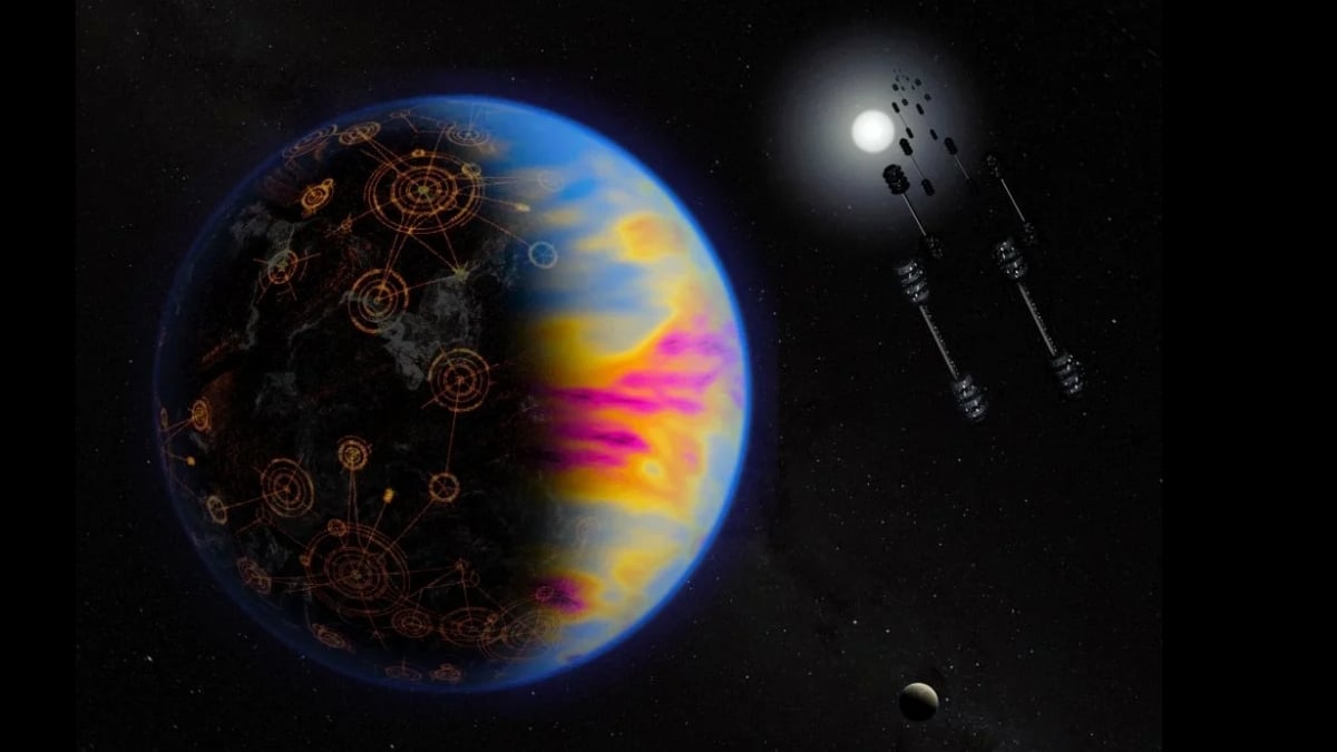 Illustration of a colorful exoplanet and structures that could be from an advanced alien civilization 