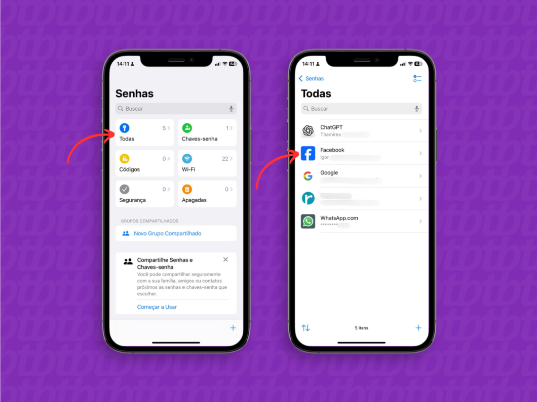 Acessando o login salvo no app Senhas do iPhone