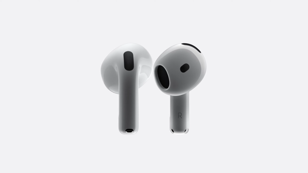 Fones de ouvido sem fio AirPods 4 em vista frontal, com as conexões e microfones visíveis