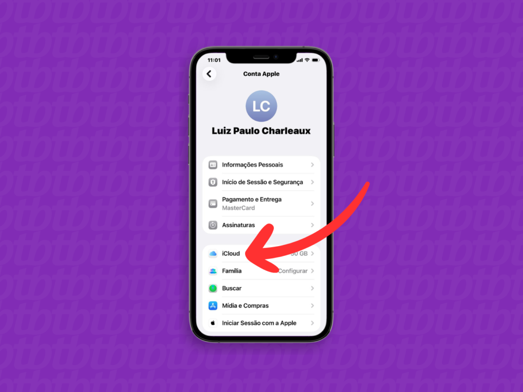 Selecionando o menu iCloud nas configurações da Conta Apple no iPhone, com a opção iCloud destacada