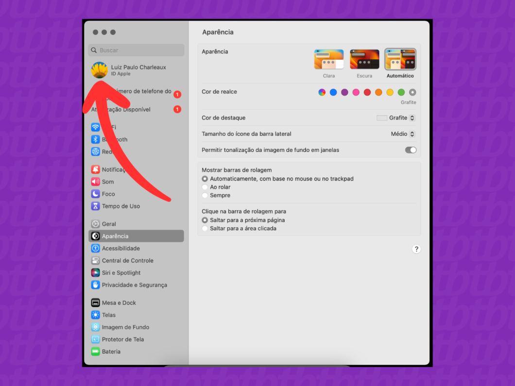 Abrindo as configurações do ID Apple no Mac, com a seção Aparência selecionada