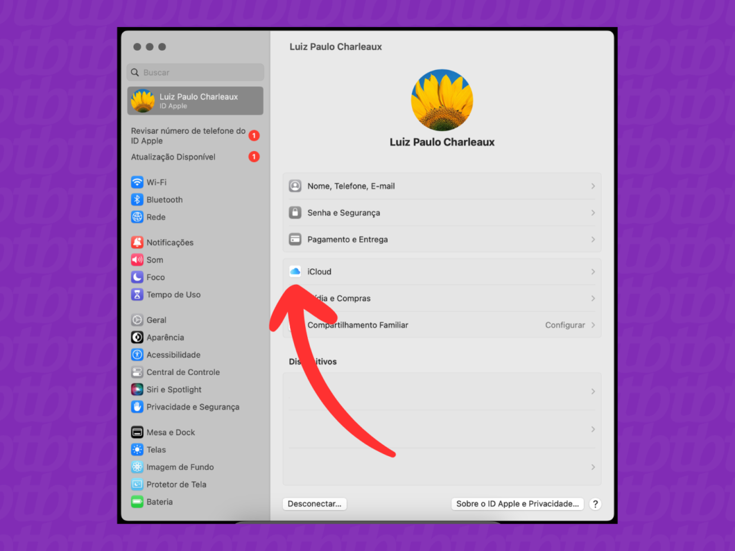 Abrindo a opção “iCloud” nas configurações do dispositivo Apple
