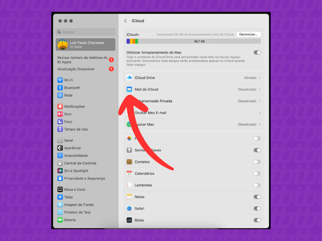 Selecionando “Mail do iCloud” nas configurações do iCloud no Mac
