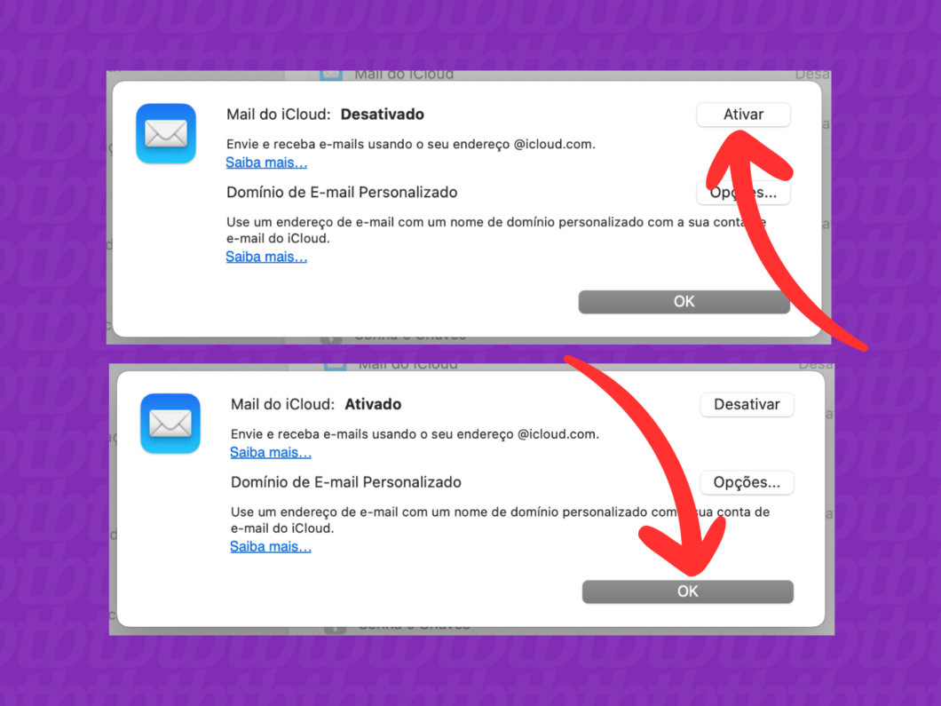 Ativando a configuração automática do Mail do iCloud no Mac, com o botão “OK”
