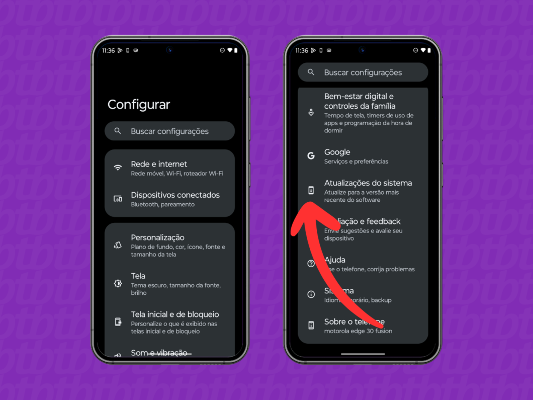 Abrindo o menu “Atualizações do sistema” nas configurações do celular Motorola (tela “Configurar”)