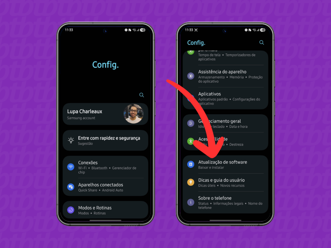 Tocar em “Atualização de software” nas Configurações do celular Samsung para iniciar a busca de atualizações
